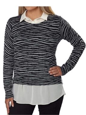 DKNY Gray & White Striped Layered Pullover Size S